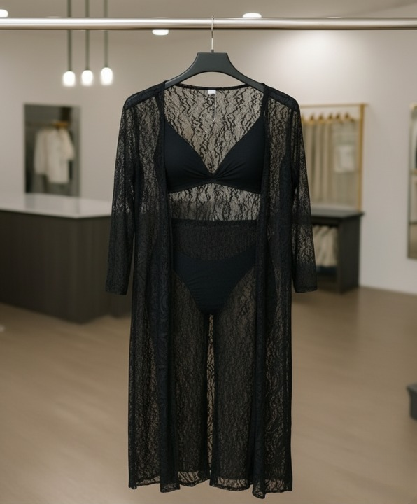 4-Piece Lace Nightwear Set – Transparent Net Gown, Bra, Panty & Trouser – Maroon