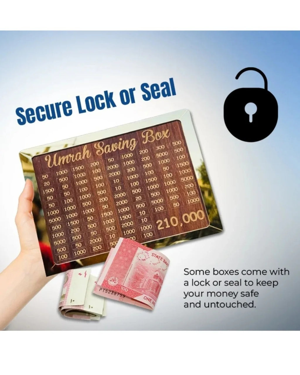 Wooden Umrah Saving Box – Premium Money Box with 210,000 Goal Tracker | Elegant Islamic Fund & Charity Organizer