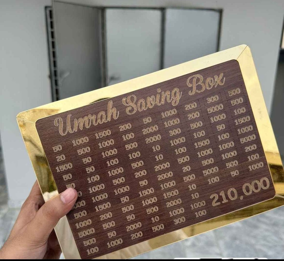 Wooden Umrah Saving Box – Premium Money Box with 210,000 Goal Tracker | Elegant Islamic Fund & Charity Organizer