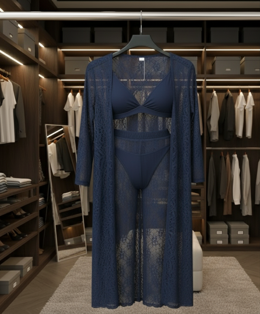 4-Piece Lace Nightwear Set – Transparent Net Gown, Bra, Panty & Trouser – Maroon