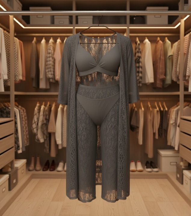 4-Piece Lace Nightwear Set – Transparent Net Gown, Bra, Panty & Trouser – Maroon