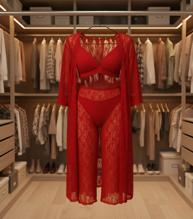 4-Piece Lace Nightwear Set – Transparent Net Gown, Bra, Panty & Trouser – Maroon