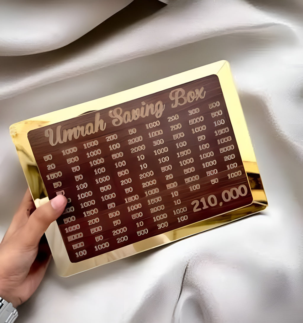 Wooden Umrah Saving Box – Premium Money Box with 210,000 Goal Tracker | Elegant Islamic Fund & Charity Organizer