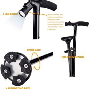 folding walking stick with led light – adjustable cane