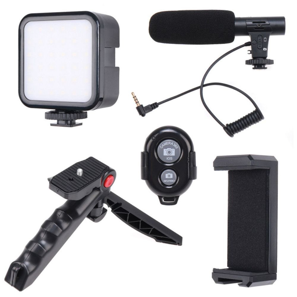 complete vlogging kit with tripod, mic, and led light. perfect for youtube, tiktok, and professional video recording. complete vlogging kit with tripod, mic, and led light. perfect for youtube, tiktok, and professional video recording.