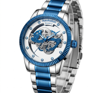skeleton dial men watch – blue silver quartz luxury
