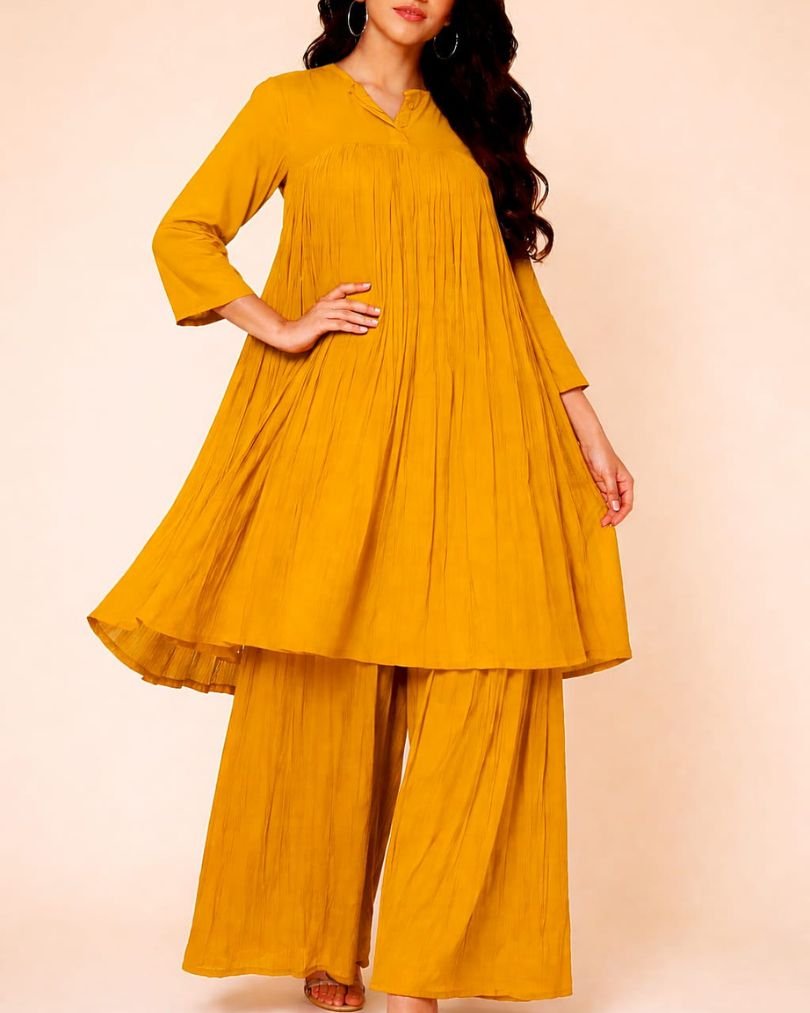 Mustard Pleated 2-Piece Dress for Women (OC2P000205)