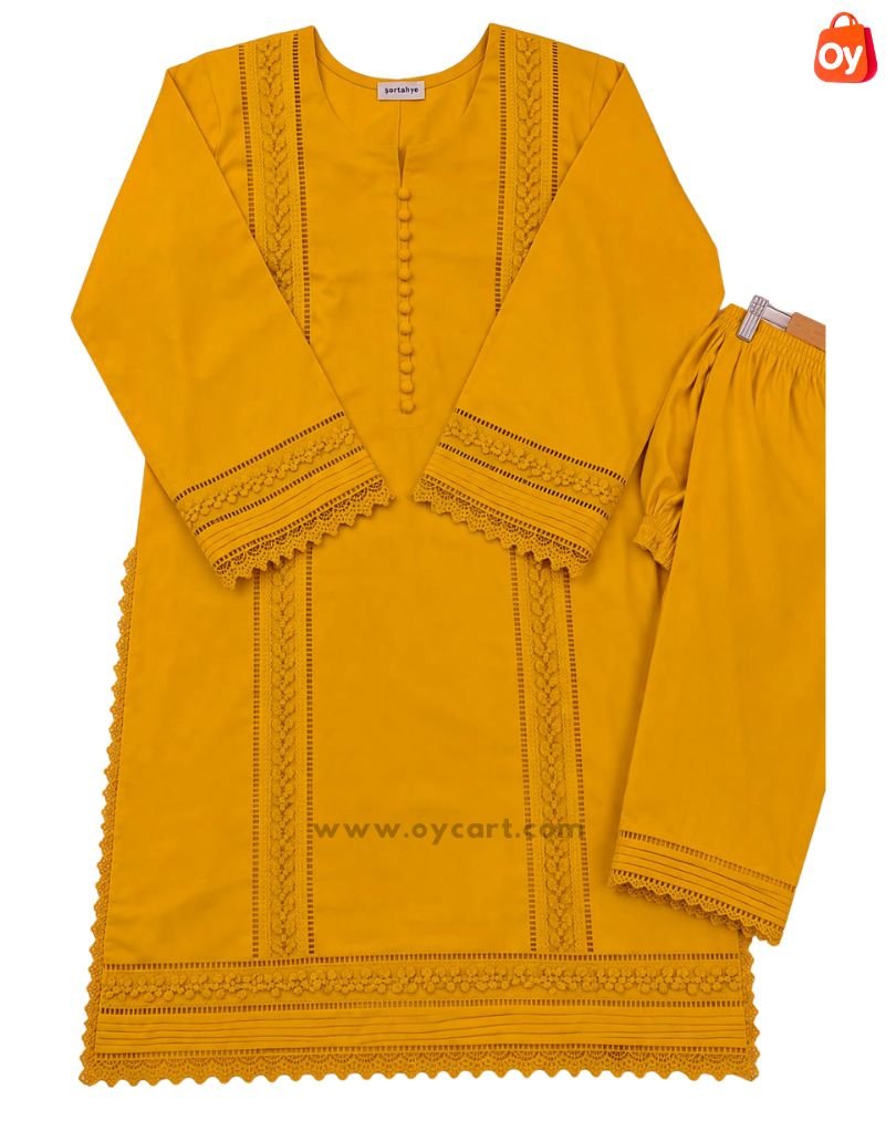 mustard embroidered 2 piece dress for women (oc2p000206)