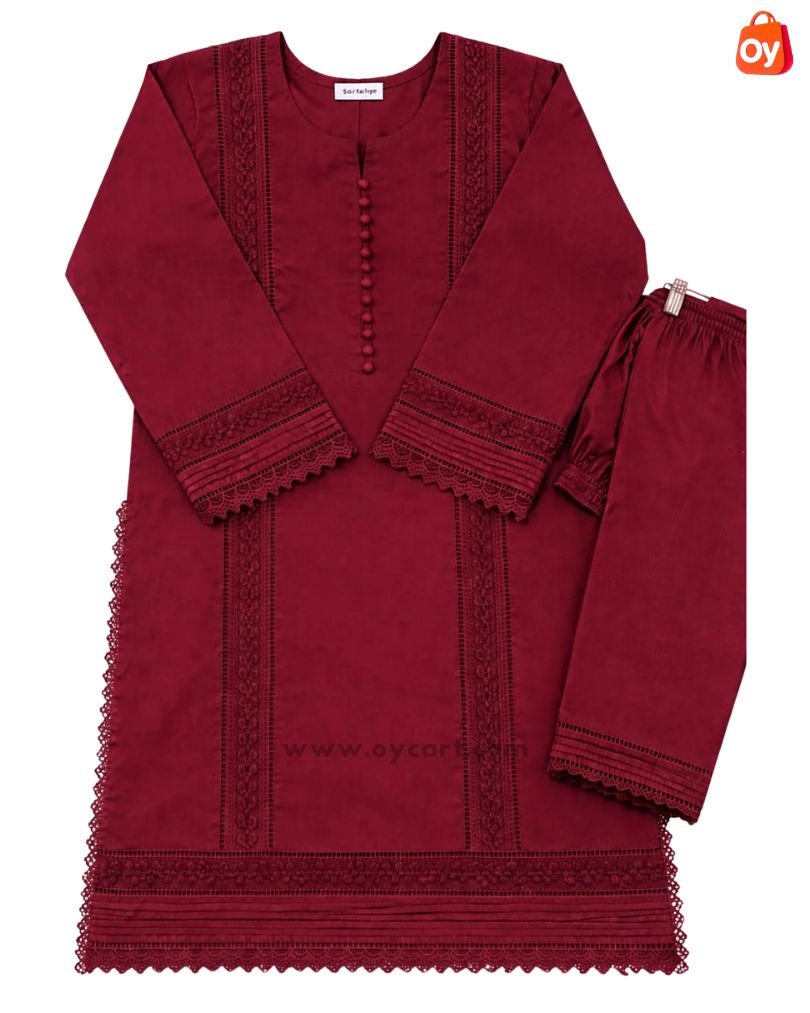 dark red embroidered 2 piece dress for women (oc2p000209)