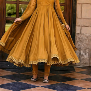 premium lawn maxi frock suit with dupatta (elegant flare style) ocwd10005